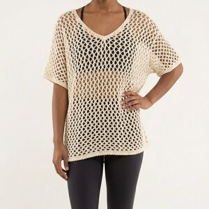 Qed London Knit Mesh Crochet Top M/L Cream